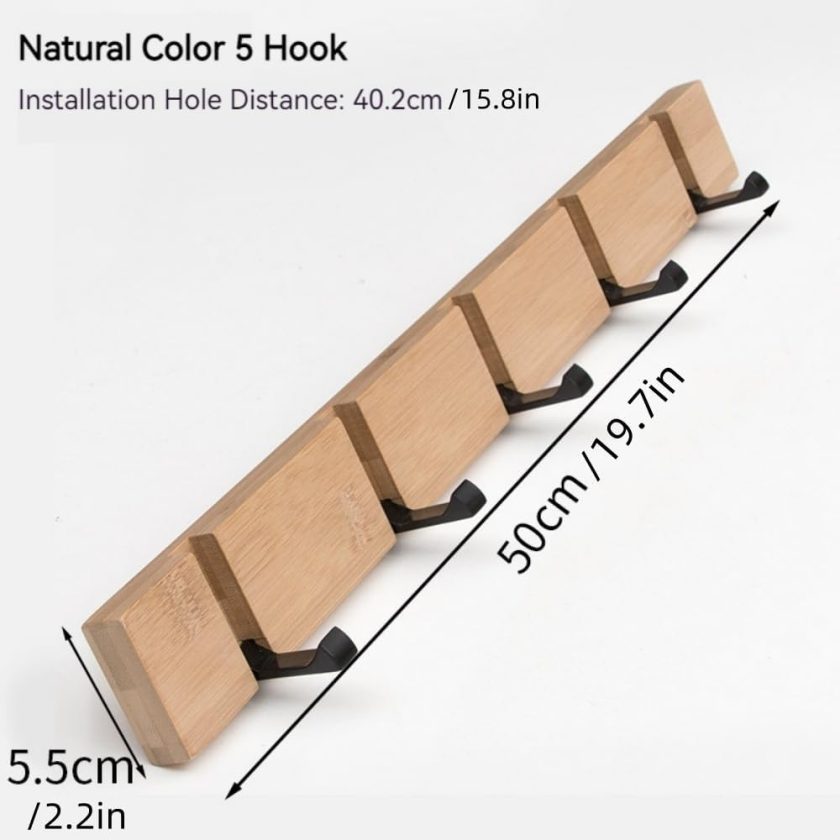 Wooden Folding Coat Hooks Coat Rack Wall Mount, Foldable Wall Hooks, Retractable Wall Hook with 5 Hooks, Coat Hanger entryway for Handbags, Coat, Hats, Key - Image 2