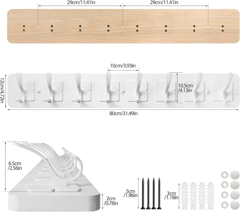 Coat Rack Wall Mounted,Wooden Wall Coat Rack with 8 Double Hooks for Hanging Clothes,Coats,Hats,Jackets,31.5inch (White, 8 Hooks) - Image 2