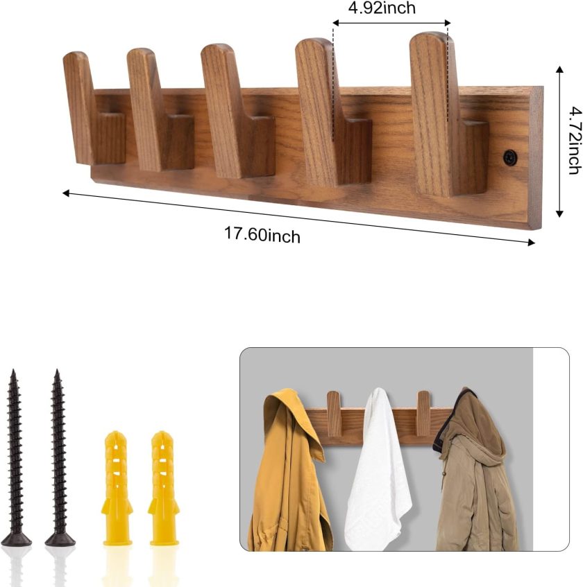 Wood Coat Rack Wall Mount with 5 Hooks, 17'' Hole to Hole Wall Coat Rack for Hanging Coat Jacket Backpack, Natural Wall Coat Hook - Image 2