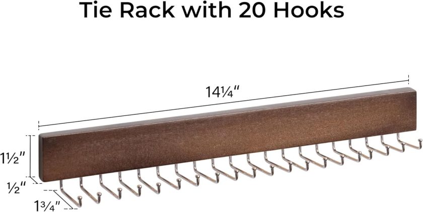 Tie Rack with 20 Hooks, 2-Pack Wall-Mounted Wooden Hangers for Neckties, Belts, Hats, Natural Walnut Color - Image 2