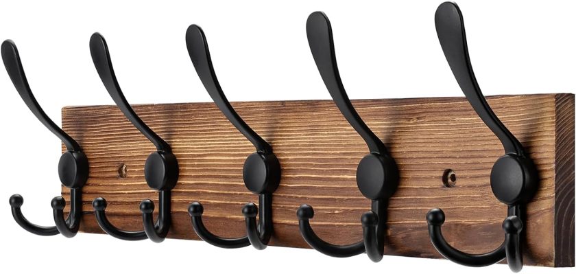 Coat Rack Wall Mount Wooden Hat Rack for Wall Hooks Pine Real Wood Plank 16.9" Brown Coat Hanger with 5 ple Hooks for Hanging Coat Hat Jacket