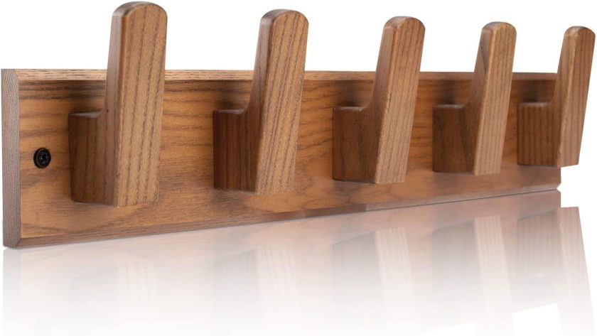 Wood Coat Rack Wall Mount with 5 Hooks, 17'' Hole to Hole Wall Coat Rack for Hanging Coat Jacket Backpack, Natural Wall Coat Hook