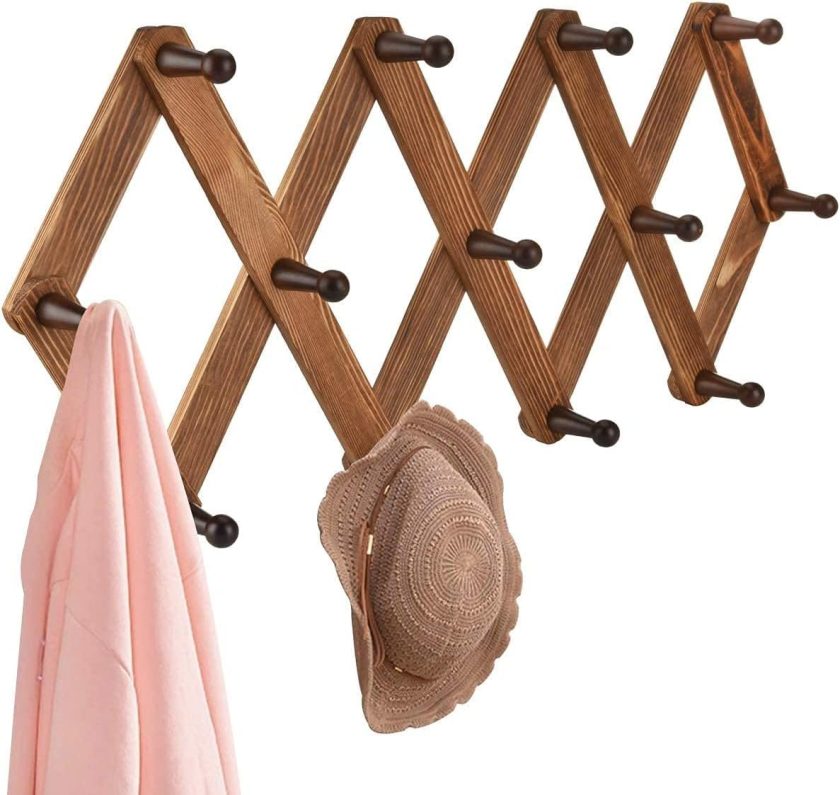 Vintage Wood Expandable Peg Rack- Multi-Purpose Accordion Wall Hangers with 13 Hooks for Hats, Coat, Mugs, Scarf, Jewelry Storage