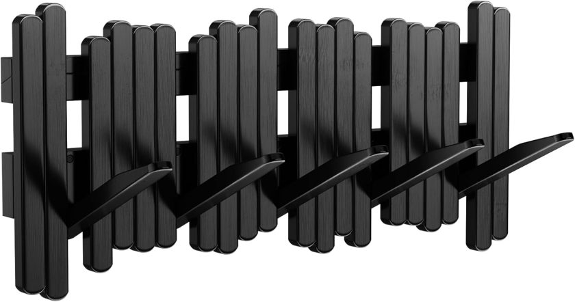 Wooden Space Saving Coat Rack Wall Mount, Black Coat Hanger Wall Mount, Walnut Piano Key Entryway Hooks, Unique Wall Mounted Coat Rack for Hanging Keys, Hats, Purse, Towels (5 Flip-Down Hooks)
