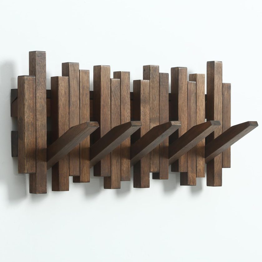 Natural Wood Wall Mounted Piano Coat Rack| Coat Rack Wall Mount| Flip Down Wall Hook Rack 5 Hooks| Entryway Coat Rack,Made of Acacia Wood (Walnut Color Dyed with Wood Wax Oil).Wall Art