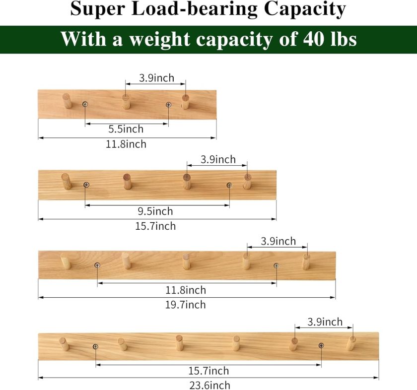 Hickory Wood Coat Rack Wall Mount 24 inches, Wooden Coat Hooks with 6 Hooks Coat Hanger for Hanging Hat Jacket Purse, Wall Hooks for Entryway, Bathroom, Bedroom, Natural - Image 2