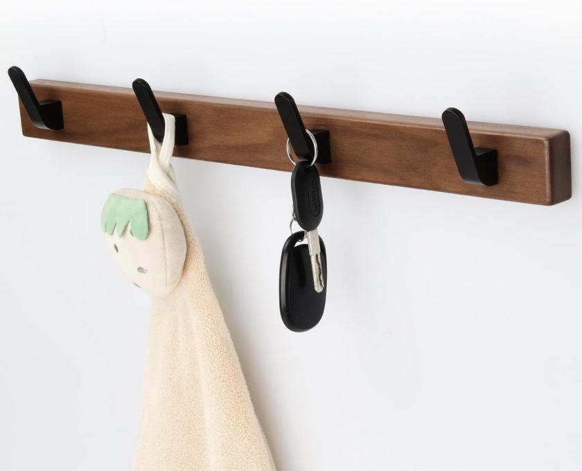 17 Inch Walnut Wood Wall Mounted Coat Rack with 4 Black Hooks, Adhesive Mounted Entryway Hooks, Modern Natural Wooden Pegs for Hanging Coat Clothes Hat Bag Purse Key and Towel