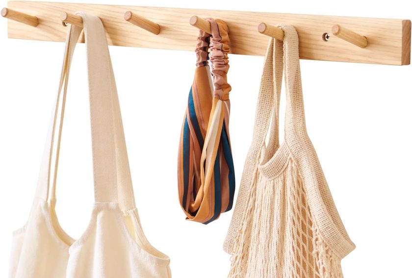 Hickory Wood Coat Rack Wall Mount 24 inches, Wooden Coat Hooks with 6 Hooks Coat Hanger for Hanging Hat Jacket Purse, Wall Hooks for Entryway, Bathroom, Bedroom, Natural