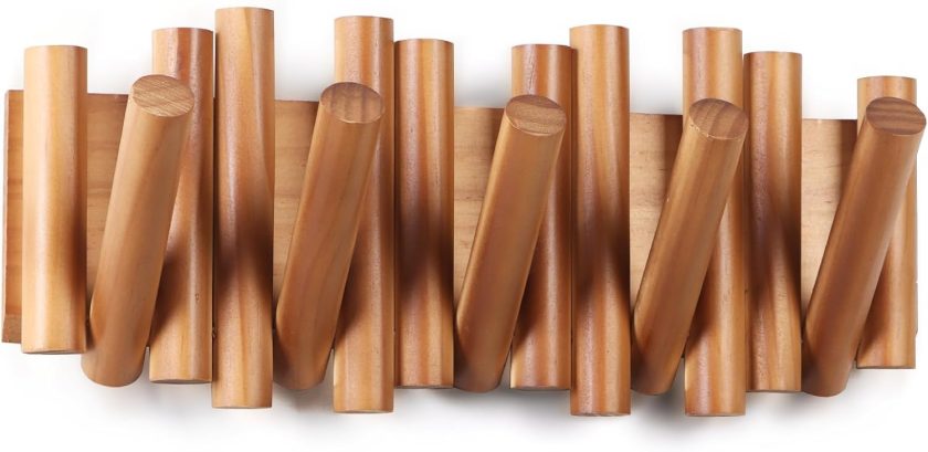 Wall Mounted Coat Rack with 5 Retractable Wooden Pegs – Modern Design, Space-Saving Storage Organizer in Natural Wood (Brown)