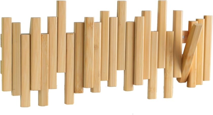 Bamboo Multi Hook Coat Rack – Modern, Unique, Space-Saving Coat Hanger with 4 Flip-Down Hooks for Hanging Coats, Christmas Decorations,Bamboo