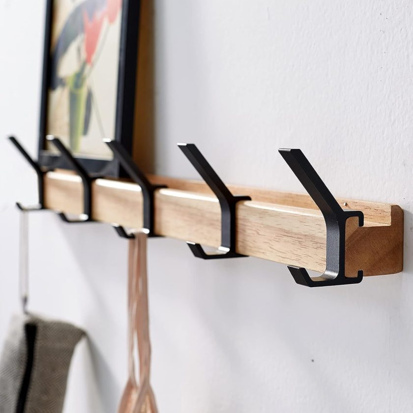 Coat Hook Rail Wall Mounted Coat Rack-5 Double Hook, 15 Inch Aluminum,Metal for Coat Hat Towel Robes, Wooden (Black 1PCS)