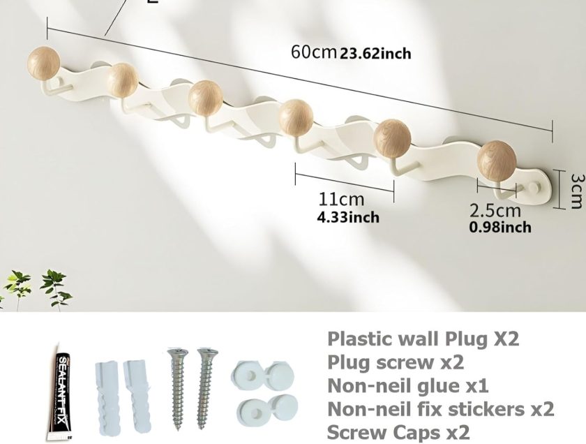 Coat Rack Wall Mount,White Wall Hooks Adhesive & Screw in,Anti-Tear Wooden Ball Hook Rail, Heavy Duty Metal Coat Hanger Wall Mount for Entryway, Bathroom, Bedroom, Kitchen 2PACK (6- Hooks) - Image 2