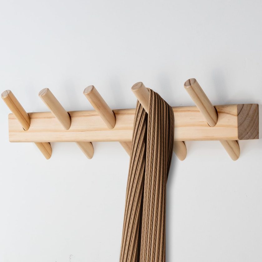 Rustic Wooden Wall Mounted Coat Rack, 5 Hooks, Solid Wood Construction (Natural, 5 Hooks)