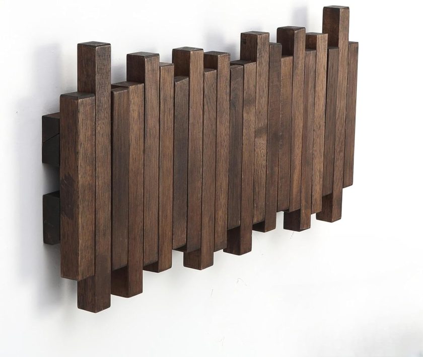 Natural Wood Wall Mounted Piano Coat Rack| Coat Rack Wall Mount| Flip Down Wall Hook Rack 5 Hooks| Entryway Wall Art Hook,Made of Acacia Wood (Wood Wax Oil Dyed Walnut Color).Wall Art