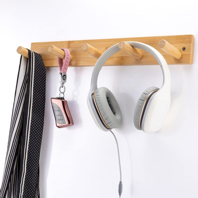 Wall Mounted Coat Rack, 5-Pegs Bamboo Entryway Hat Rack for Wall, Hooks for Hanging Coats and Jackets, Bathroom Kitchen Towel Rack Wall Hangers for Clothes Towel Hats Jackets - Image 2