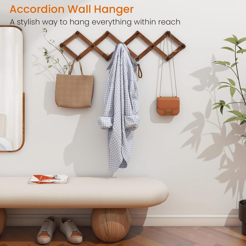 Vintage Wood Expandable Peg Rack- Multi-Purpose Accordion Wall Hangers with 13 Hooks for Hats, Coat, Mugs, Scarf, Jewelry Storage - Image 2