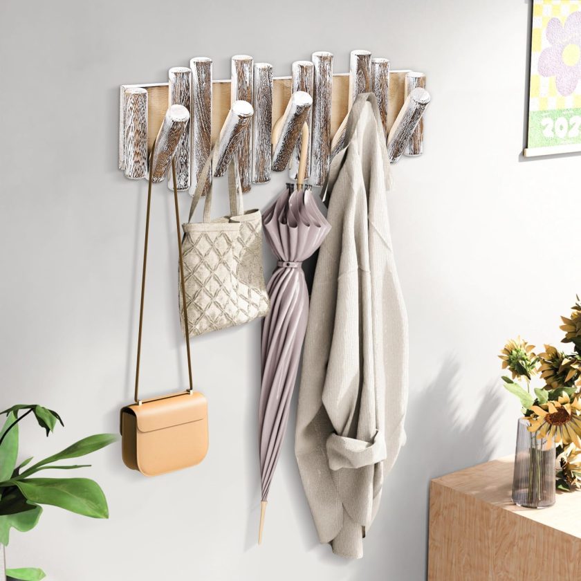 Coat Rack Wall Mount Wooden  Wall-Mounted Coat Rack with 5 Retractable Pegs Farmhouse Hook Rack Space-Saving Storage Organizer for Entryway, Bathroom, Bedroom, Kitchen - Image 2
