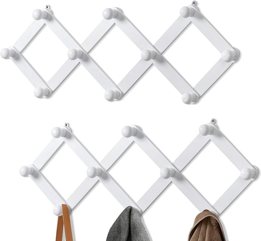 2 Pack Accordion Wall Hanger, Expandable Coat Rack Wall Mounted, Wood Hat Hanger for Hanging Coat, Hats, Caps, Mugs, 10 Peg, White