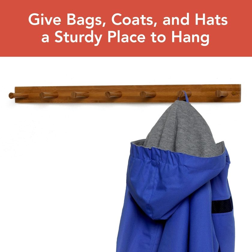 Wall Mount 7-Peg Wood Rack (Bamboo) - Organizer for Bathroom, Kitchen, Laundry Room, Office, Garage, Classroom, & More / Hang Entryway Coats, Purses, Scarves, & Hats - Image 2