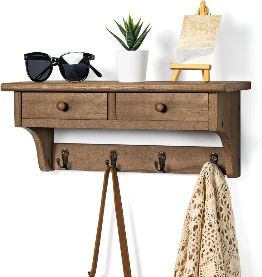 Rustic Wood Coat Rack with Shelf & Hooks, Farmhouse Wall Mount for Entryway, Mudroom, Bedroom, Kitchen, Bathroom (Walnut) - Image 2