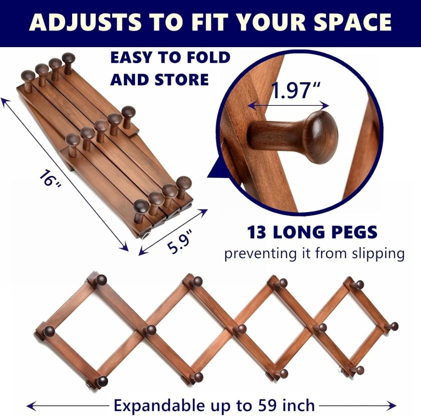 Wood Accordion Wall Rack 13 Hooks (Pegs), Expandable Wall Mounted Hanger for Coat, Hat, Scarf, Coffee Mugs, X Shape Coat Hooks (Antique Retro Color) - Image 2