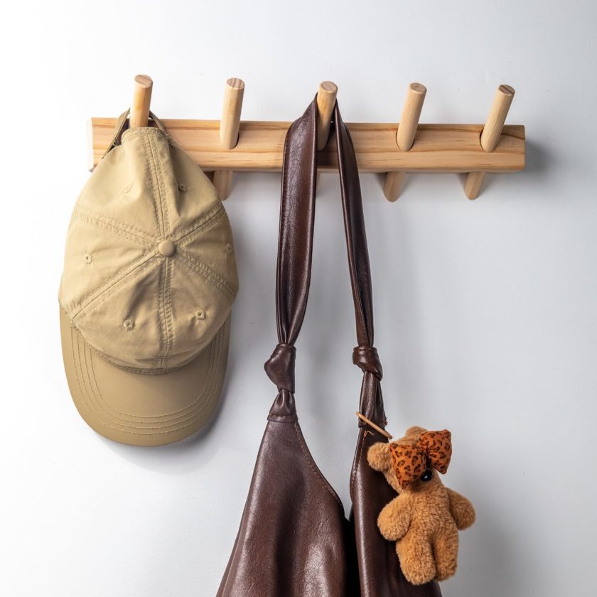 Rustic Wooden Wall Mounted Coat Rack, 5 Hooks, Solid Wood Construction (Natural, 5 Hooks) - Image 2