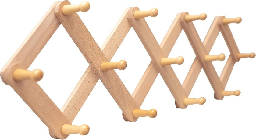 Expandable Accordion Style Mounted Wooden Wall Rack | 13 Hooks | Versatile Coat Hangers for Nursery Bathroom Bedroom Livingroom Kitchenware | Natural Beech Wood Pegs - Image 2