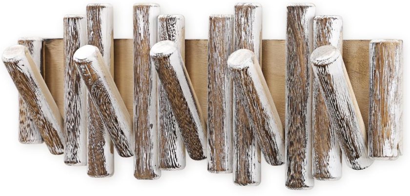 Coat Rack Wall Mount Wooden  Wall-Mounted Coat Rack with 5 Retractable Pegs Farmhouse Hook Rack Space-Saving Storage Organizer for Entryway, Bathroom, Bedroom, Kitchen