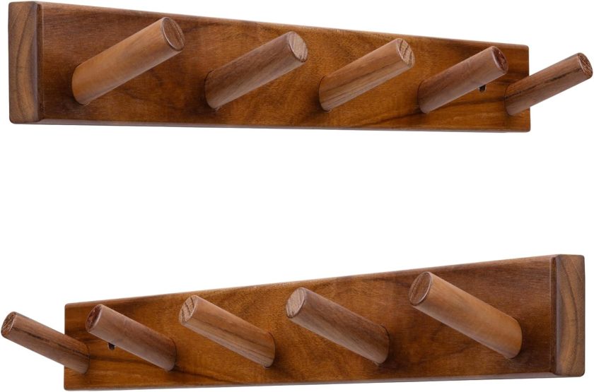 Natural Teak Wood Wall Hooks(Set of 2, 16.5") – Rustic Wooden Coat Hooks for Bathroom, Entryway & Bedroom – Durable Wall Pegs for Hanging Coats, Hats & Towels