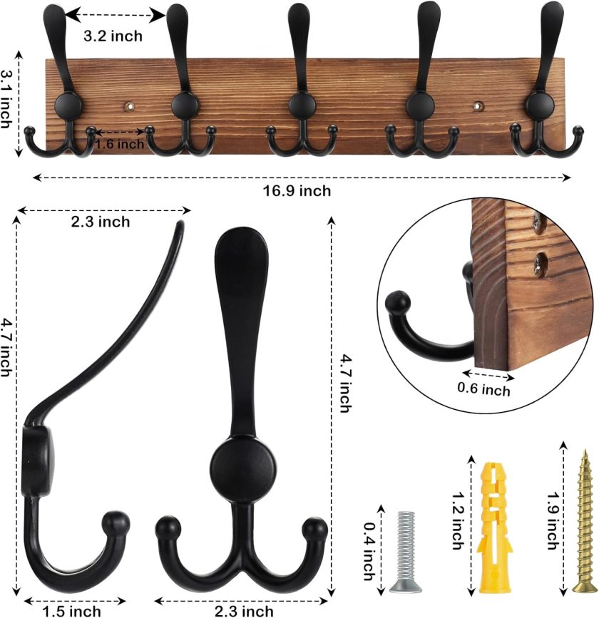 Coat Rack Wall Mount Wooden Hat Rack for Wall Hooks Pine Real Wood Plank 16.9" Brown Coat Hanger with 5 ple Hooks for Hanging Coat Hat Jacket - Image 2