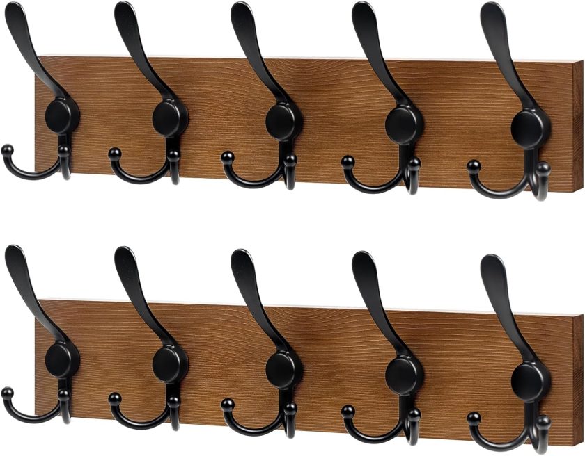 Coat Rack Wall Mount, 16.7 Inch Wooden Wall Coat Hanger with 5 ple Hooks, No Assembly, 2 Pcs, Brown
