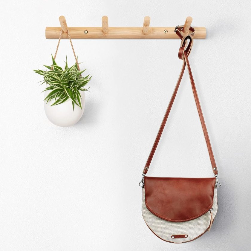 Modern Bamboo Wooden Entryway Coat Hooks, Bathroom Kitchen Towel Rack, Wall Mounted Coat Rack Hat Hanger with 4 Hanging Pegs (Natural) - Image 2