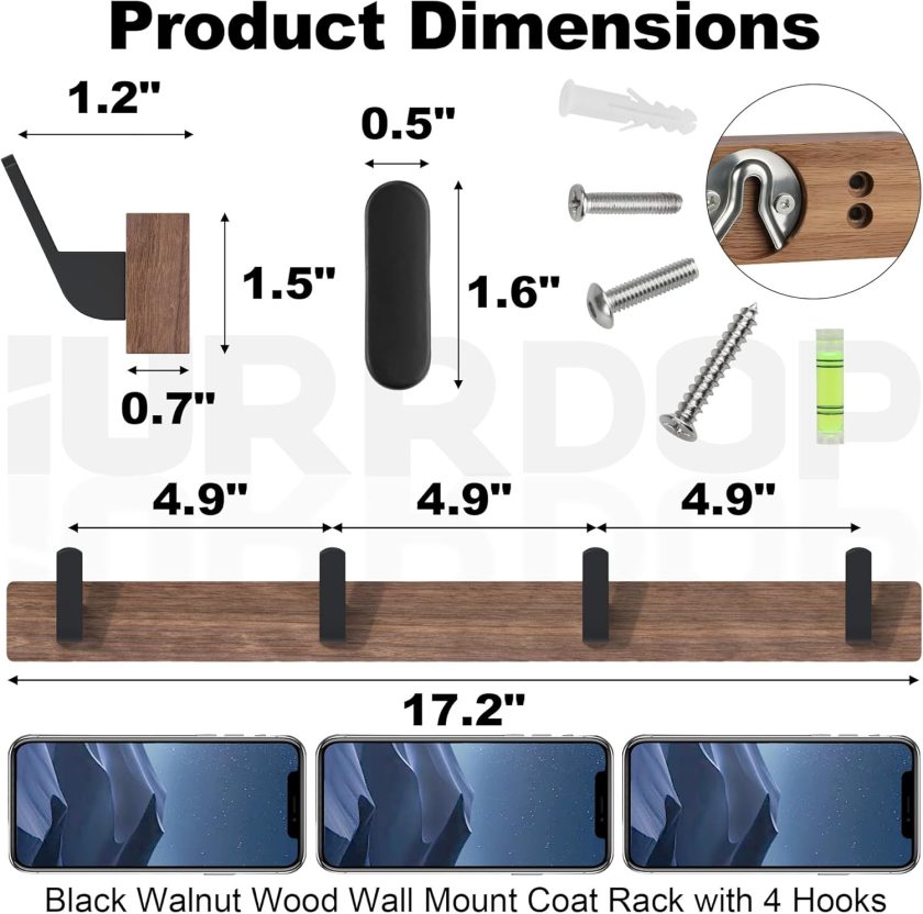 17 Inch Walnut Wood Wall Mounted Coat Rack with 4 Black Hooks, Adhesive Mounted Entryway Hooks, Modern Natural Wooden Pegs for Hanging Coat Clothes Hat Bag Purse Key and Towel - Image 2