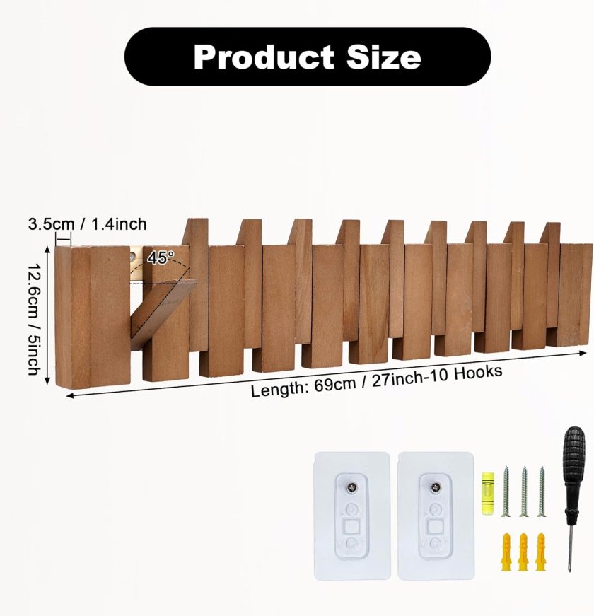 Solid Wood Coat Rack Wall Mount with 10 Hooks Piano Wooden Coat Hooks Wall Mounted Hanger for Entryway Decor Flip-Down Hook Rack for Coats Bags Hats Umbrella Art Space Saving - Image 2