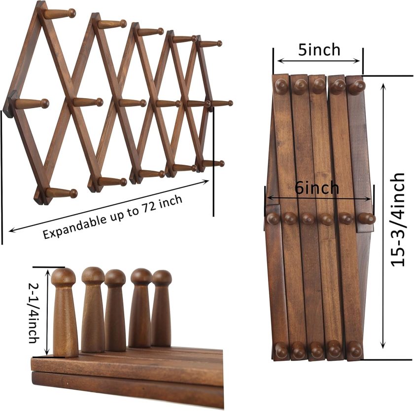 Accordion Wall Hanger, Wooden Coat Rack Wall Mounted, Hat & Cap Hook Rack, 16 Peg Hooks, Walnut Color - Image 2