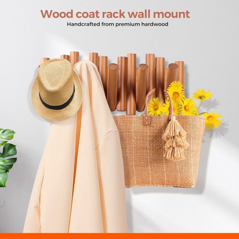 Wall Mounted Coat Rack with 5 Retractable Wooden Pegs – Modern Design, Space-Saving Storage Organizer in Natural Wood (Brown) - Image 2