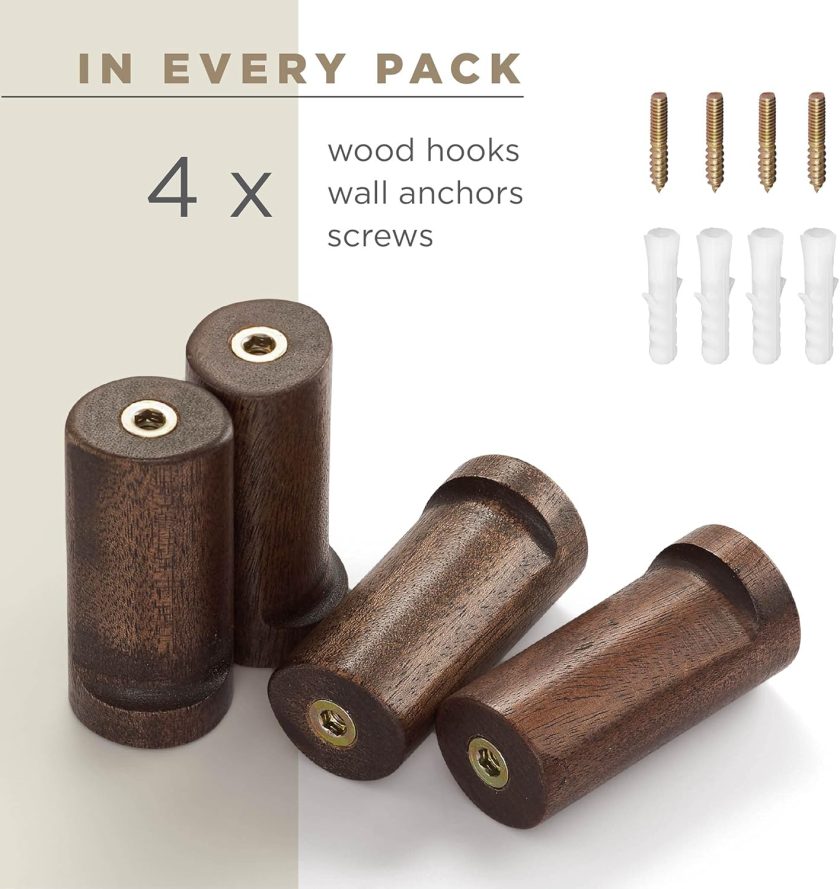 Wooden Coat Hook Wall Mounted (6 Packs) Hat Hooks, Single Coat Hat Rack Wall Mount, Wood Coat Hanger for Hanging Hat, Towel, Bag, Rope (Dark Grey, 3" Set 4) - Image 2