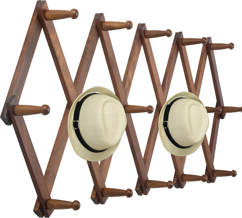 Accordion Wall Hanger, Wooden Coat Rack Wall Mounted, Hat & Cap Hook Rack, 16 Peg Hooks, Walnut Color