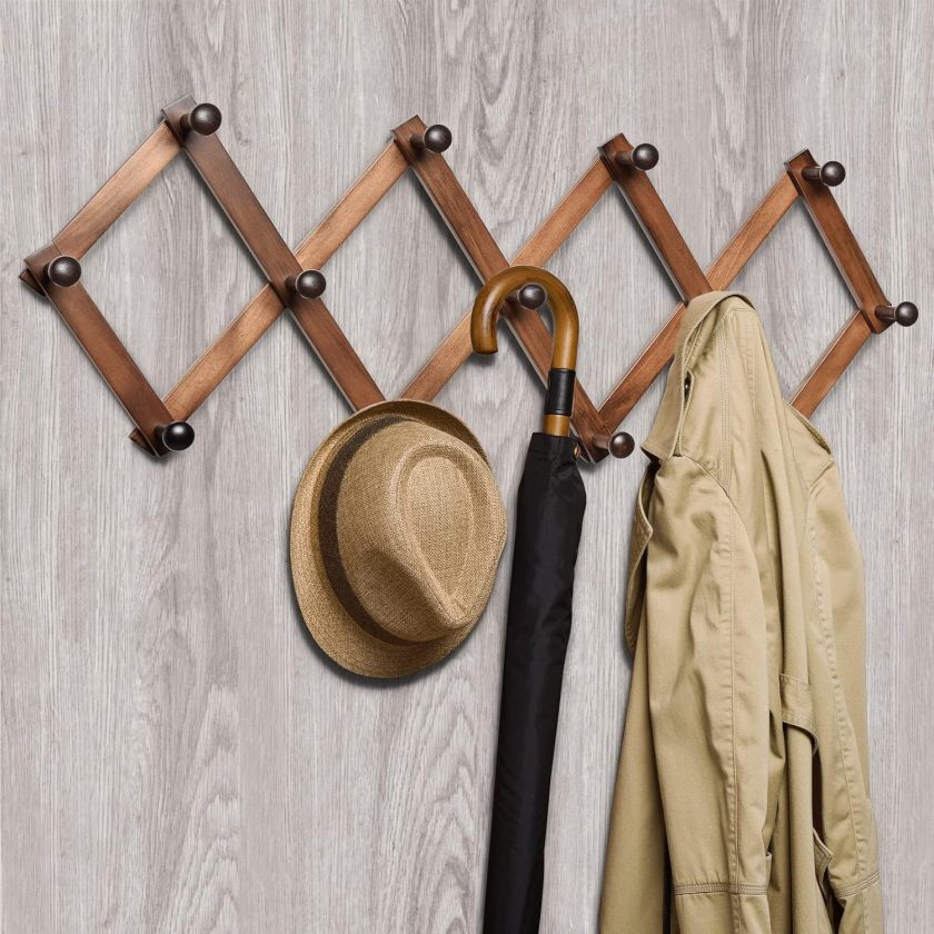 Wood Accordion Wall Rack 13 Hooks (Pegs), Expandable Wall Mounted Hanger for Coat, Hat, Scarf, Coffee Mugs, X Shape Coat Hooks (Antique Retro Color)