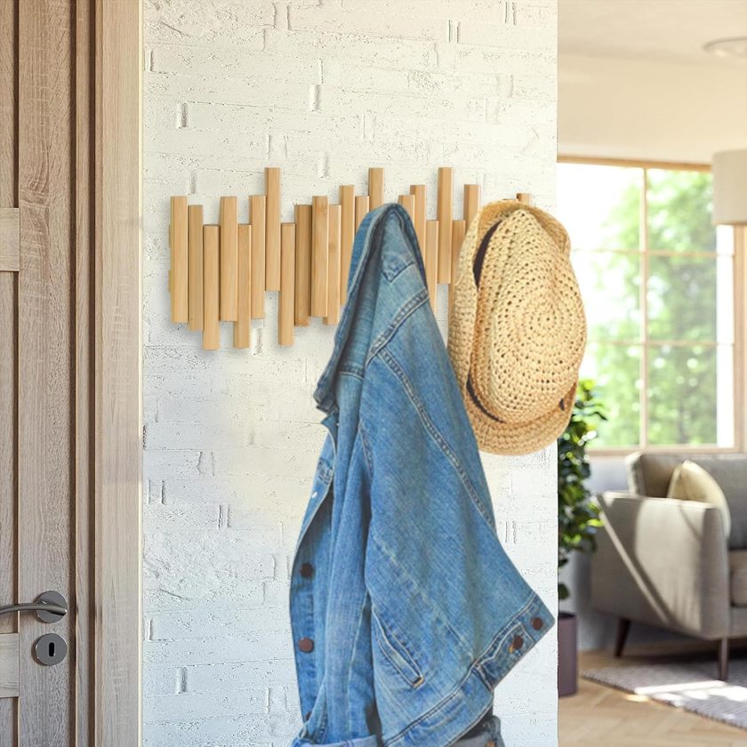 Bamboo Multi Hook Coat Rack – Modern, Unique, Space-Saving Coat Hanger with 4 Flip-Down Hooks for Hanging Coats, Christmas Decorations,Bamboo - Image 2