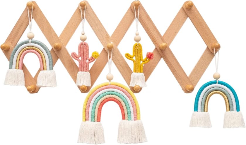 Expandable Accordion Style Mounted Wooden Wall Rack | 13 Hooks | Versatile Coat Hangers for Nursery Bathroom Bedroom Livingroom Kitchenware | Natural Beech Wood Pegs