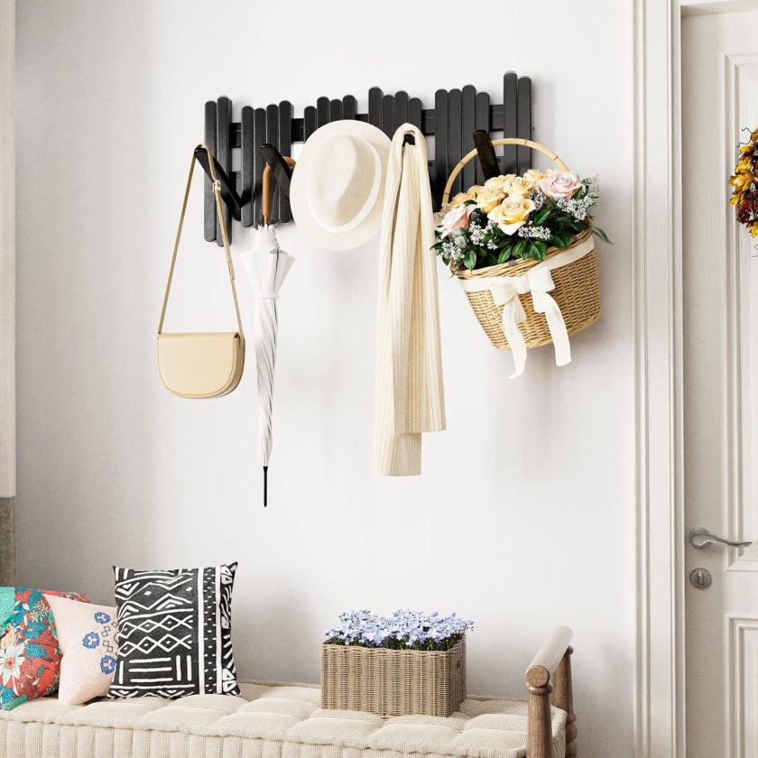 Wooden Space Saving Coat Rack Wall Mount, Black Coat Hanger Wall Mount, Walnut Piano Key Entryway Hooks, Unique Wall Mounted Coat Rack for Hanging Keys, Hats, Purse, Towels (5 Flip-Down Hooks) - Image 2