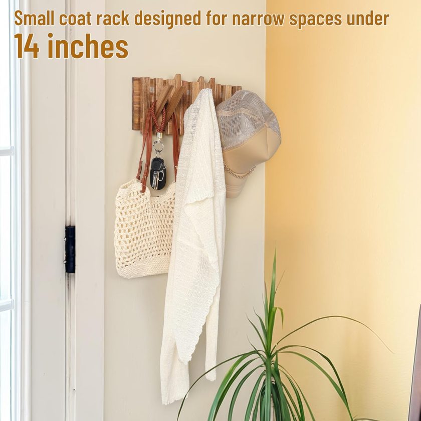 Coat Rack Wall for Apartment: 13.2Inch Wood Rustic 8 Hooks Mount Retractable for Small Spaces Entryway Hallway Bathroom for Hanging Light Items Jacket Towel Backpack Bag - Image 2