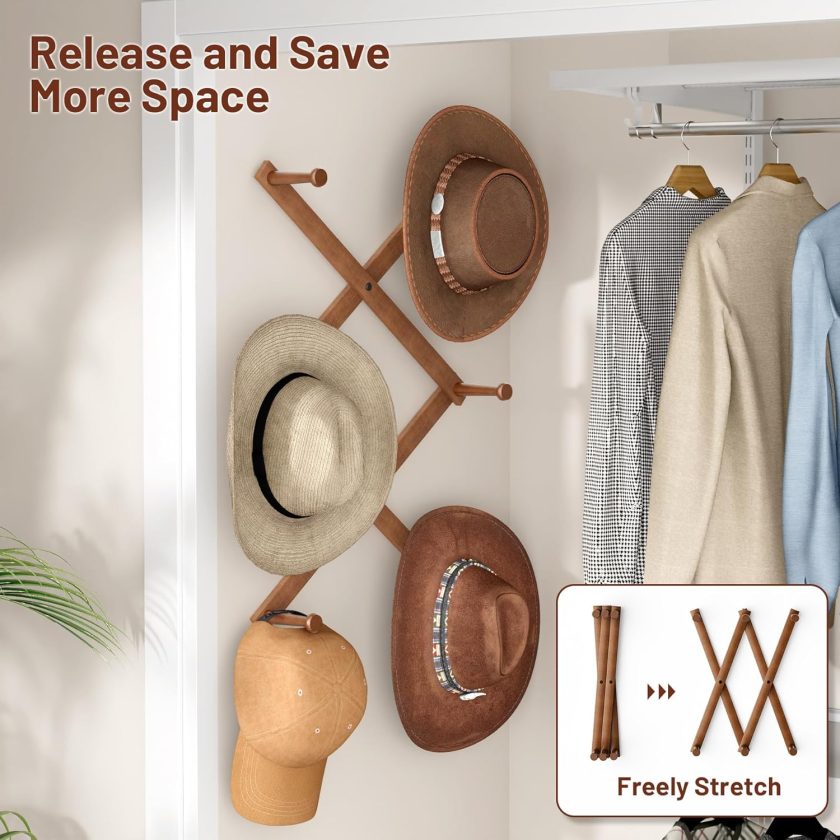 Hat Rack for Wall Expandable Cap Organizer with 6 Sturdy Hooks Wooden Hat Rack for Baseball Caps Storage Cowboy Holder Wall Hanger, Walnut - Image 2