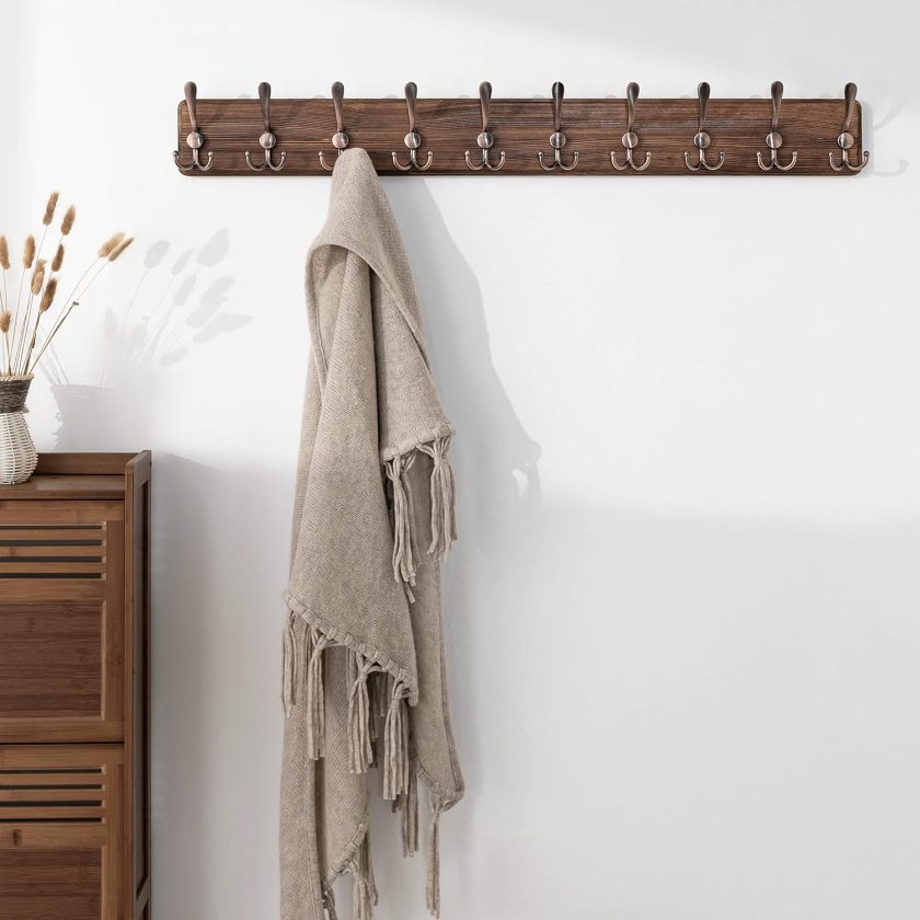 Coat Rack Wall Mounted - 38.6" Long, Wooden, Heavy Duty, Rustic Coat Hooks for Wall, Wall Coat Rack with 10 ple Hooks for Hanging Clothes, Jacket, Hat(Brown & Retro Red) - Image 2