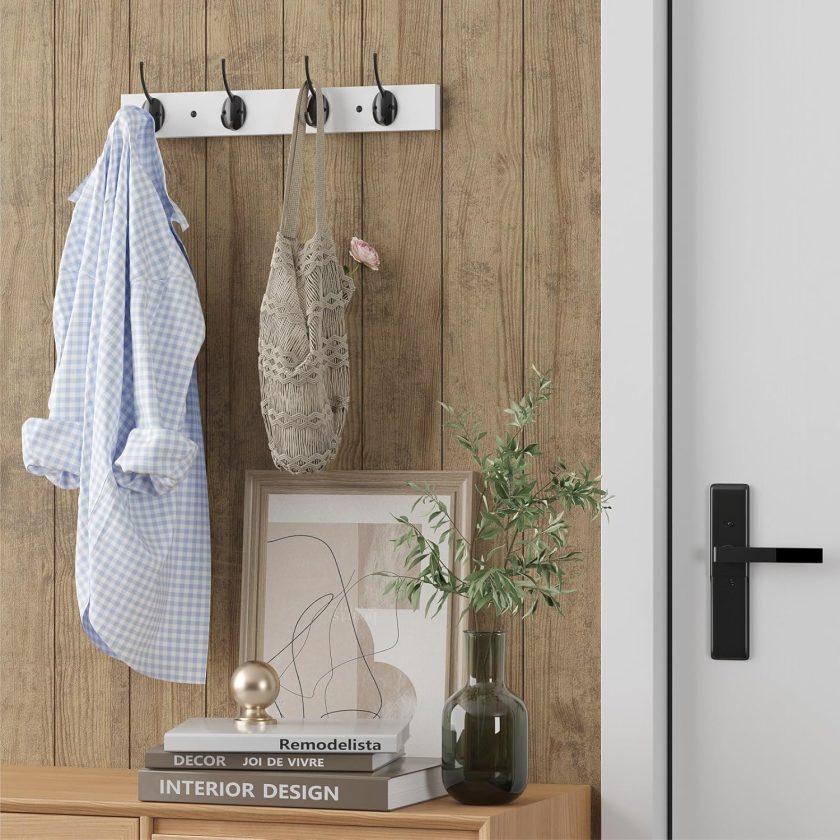 Coat Hooks Wall Mounted, Wooden Hat Rack with 4 Hooks for Entryway, Bathroom,Bedroom(White) - Image 2