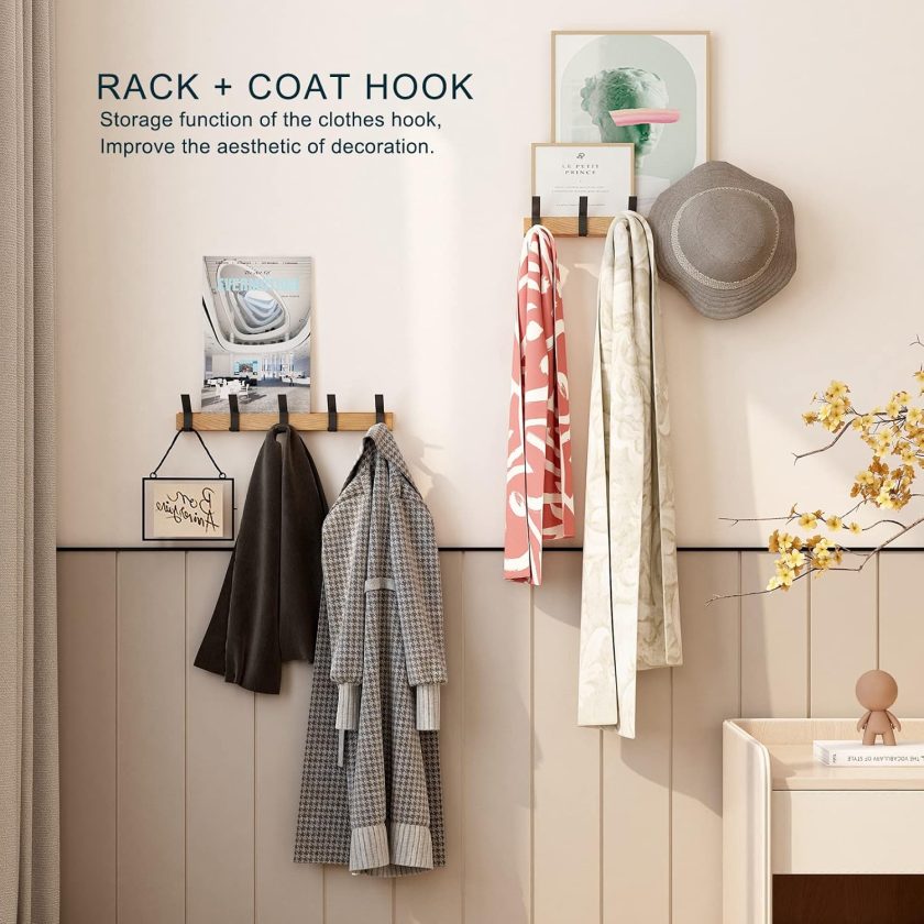 Coat Hook Rail Wall Mounted Coat Rack-5 Double Hook, 15 Inch Aluminum,Metal for Coat Hat Towel Robes, Wooden (Black 1PCS) - Image 2