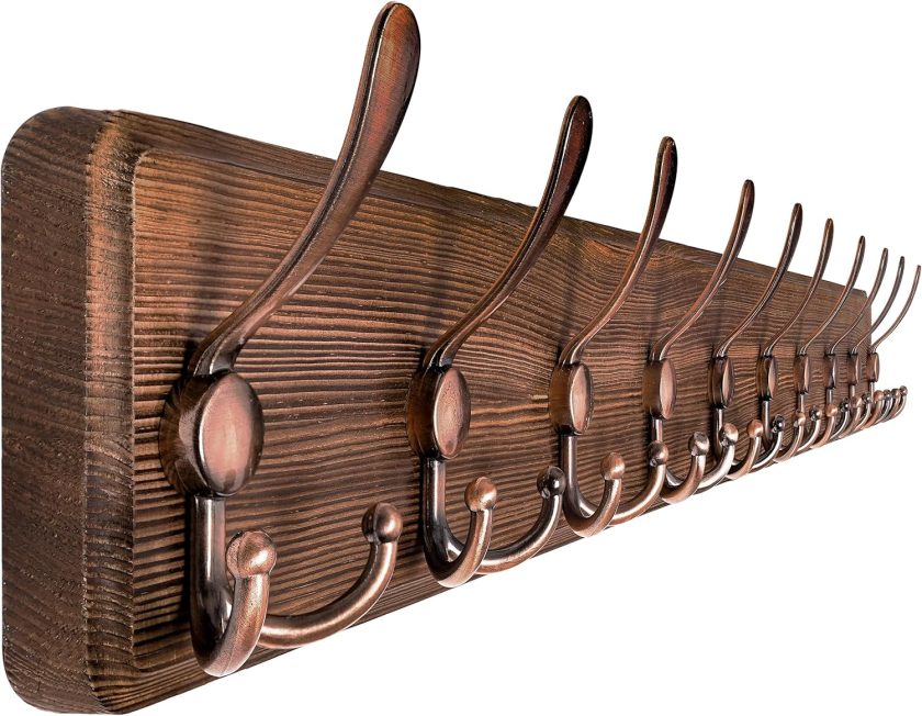 Coat Rack Wall Mounted - 38.6" Long, Wooden, Heavy Duty, Rustic Coat Hooks for Wall, Wall Coat Rack with 10 ple Hooks for Hanging Clothes, Jacket, Hat(Brown & Retro Red)