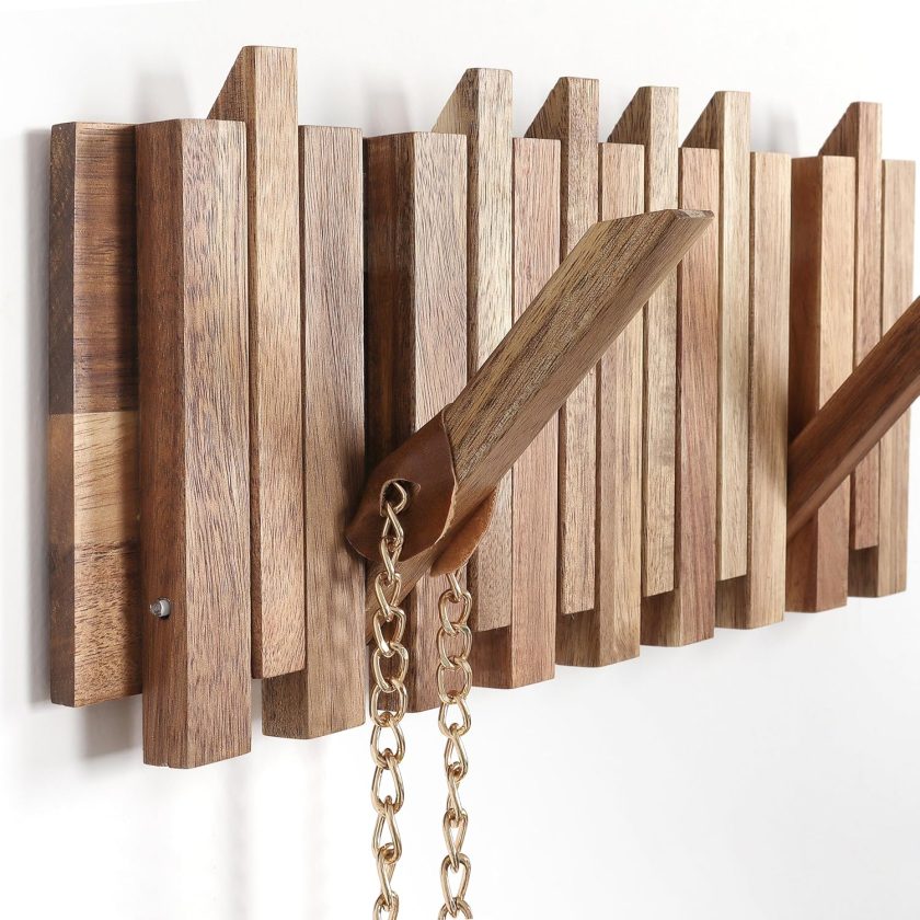 Coat Rack Wall for Apartment: 13.2Inch Wood Rustic 8 Hooks Mount Retractable for Small Spaces Entryway Hallway Bathroom for Hanging Light Items Jacket Towel Backpack Bag